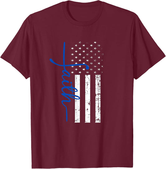 "Faith" Cross Thin Blue Line US Flag T-Shirt - T-Shirt | Maroon