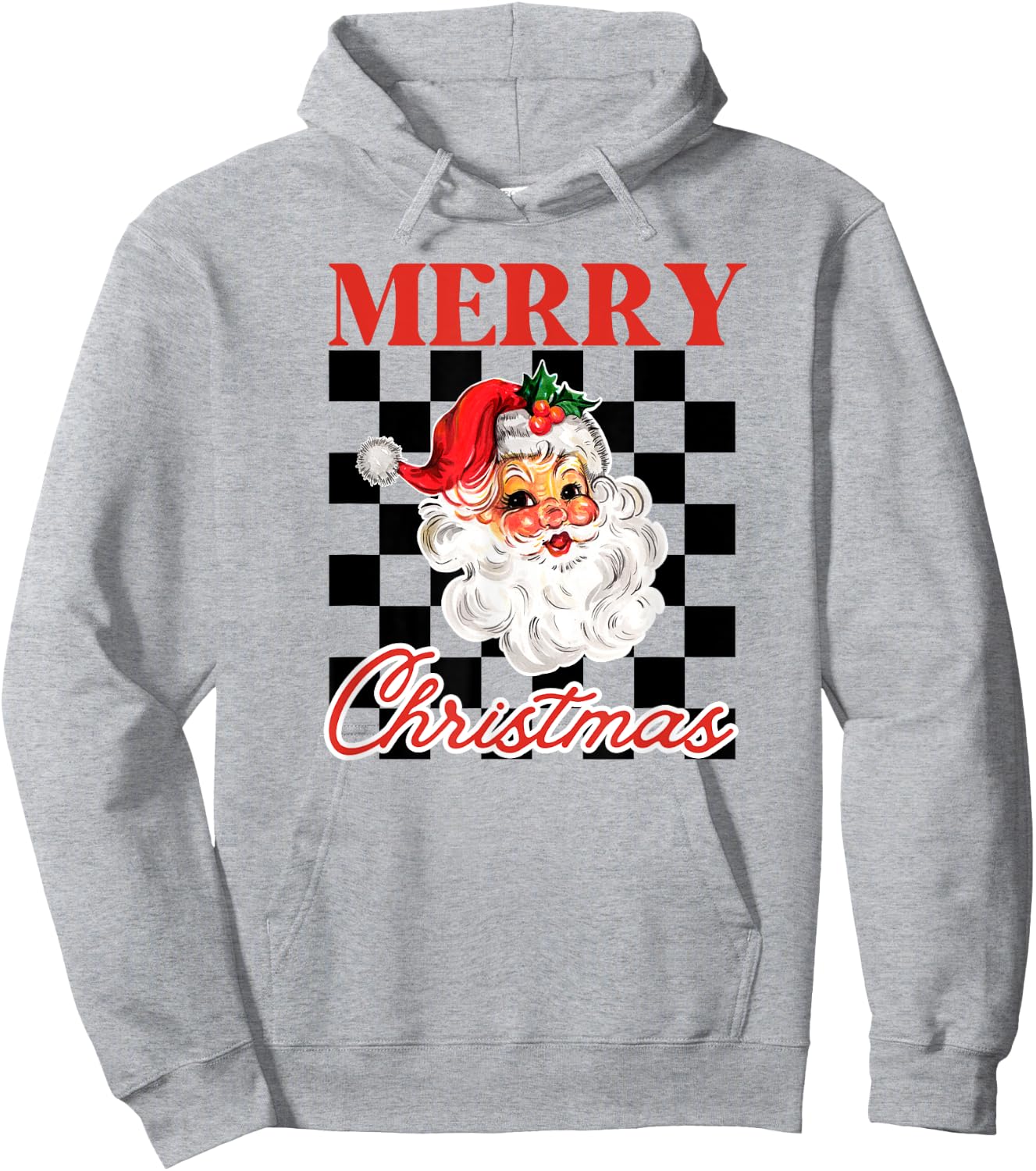 Retro Merry Christmas Checkered Vintage Santa Hoodie - Hoodie | Ash
