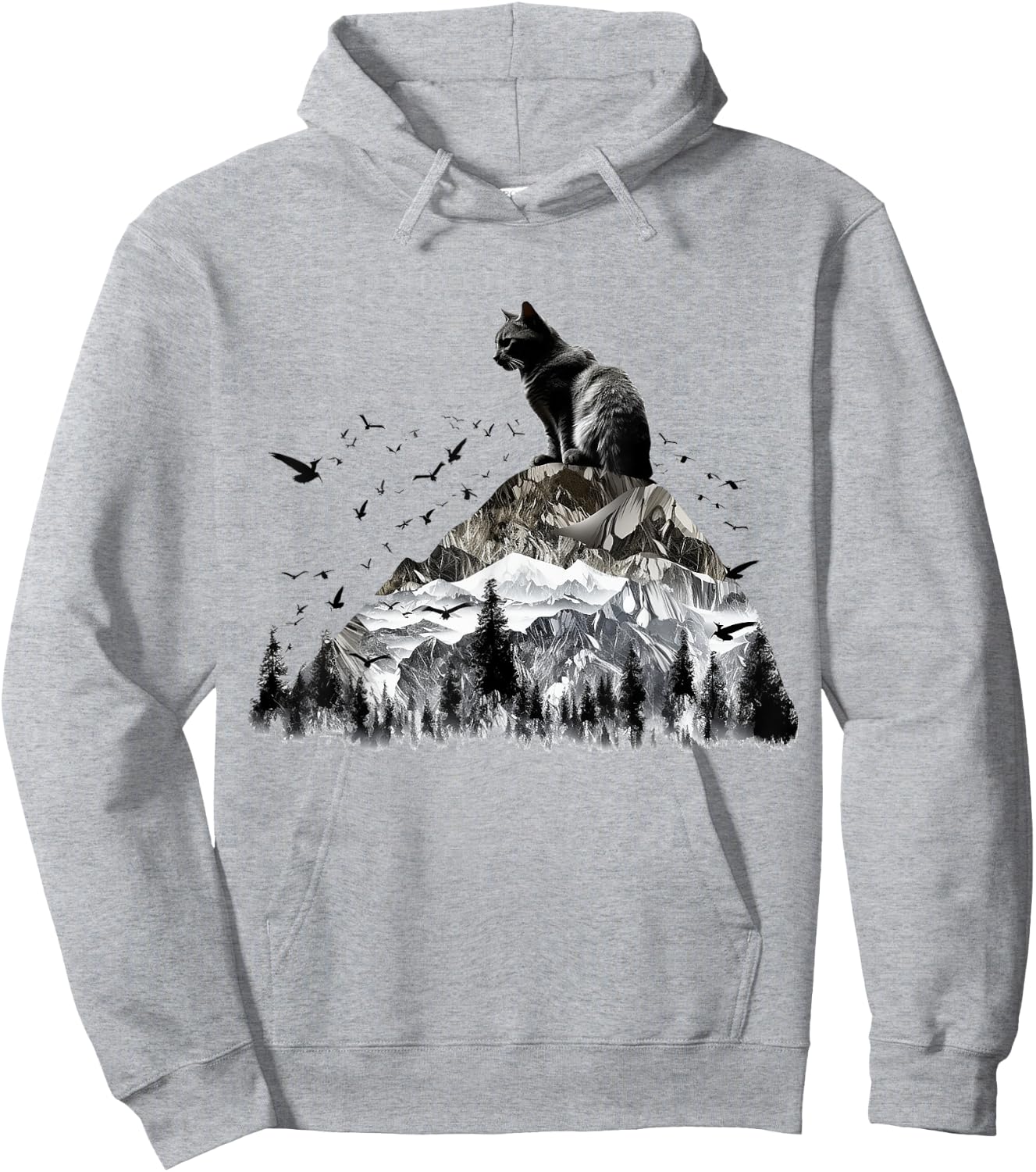 Cat Mountains Bird Artwork | Animal Motif Cat Hoodie - Hoodie | Ash