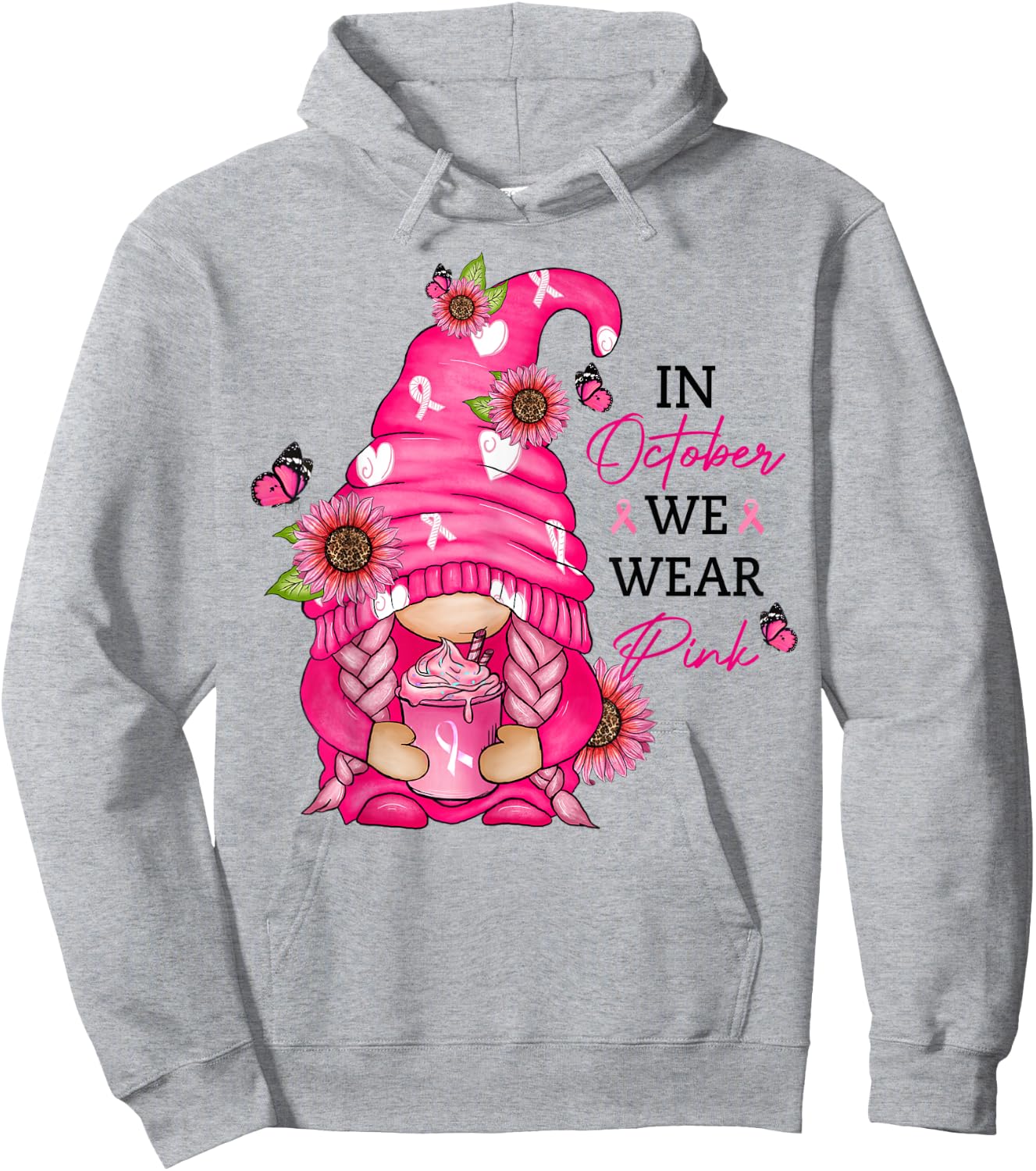 Pink Gnome Breast Cancer Awareness Graphic Hoodie - Hoodie | Ash