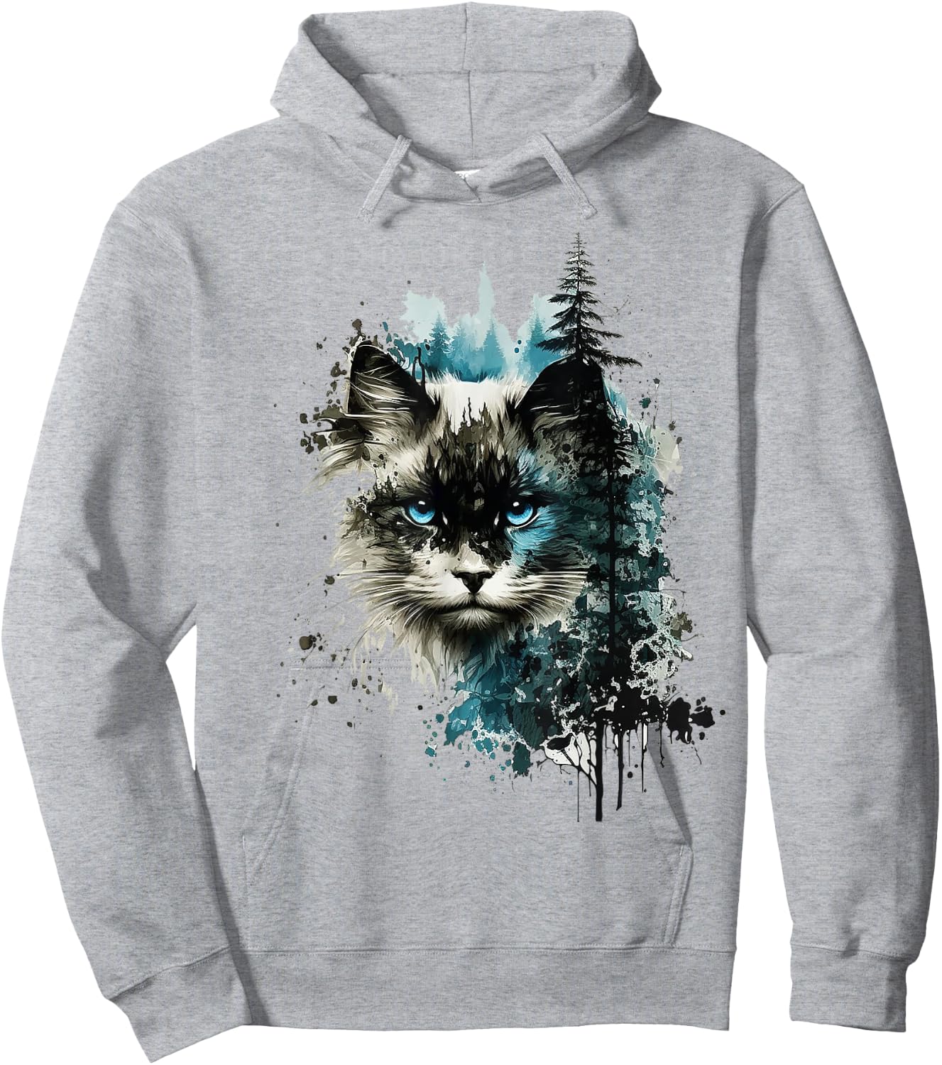 Cat Blue Eyes Cat Motif Art Forest Animal Cat Hoodie - Hoodie | Ash