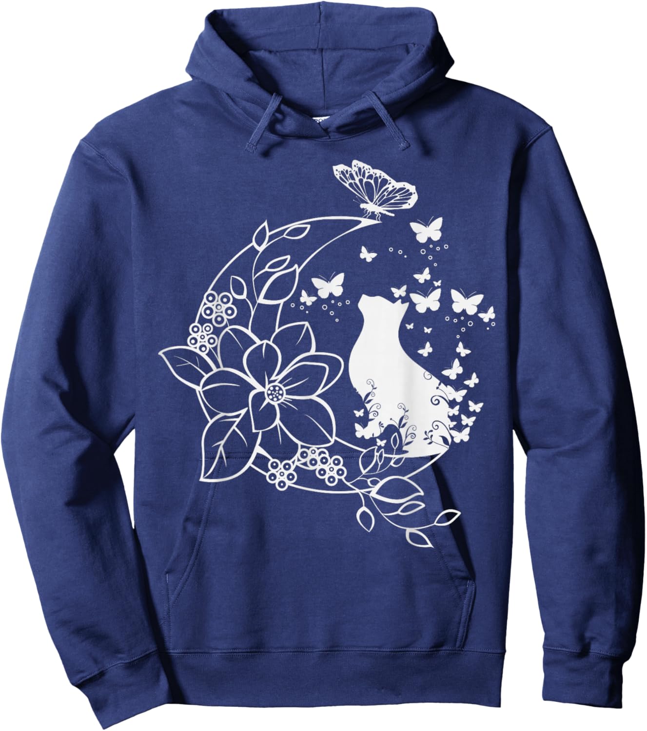 Cat with floral crescent and butterflies. Hoodie - Hoodie | Navy