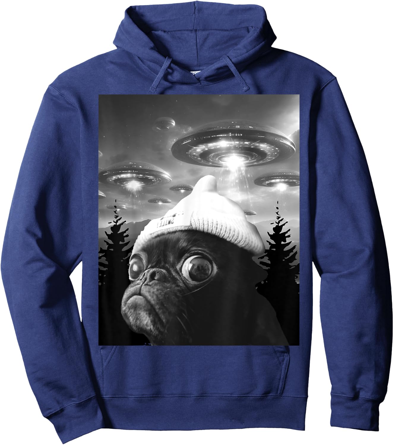 Cute Scared Pug Funny Dog Selfie With UFO Hoodie - Hoodie | Navy