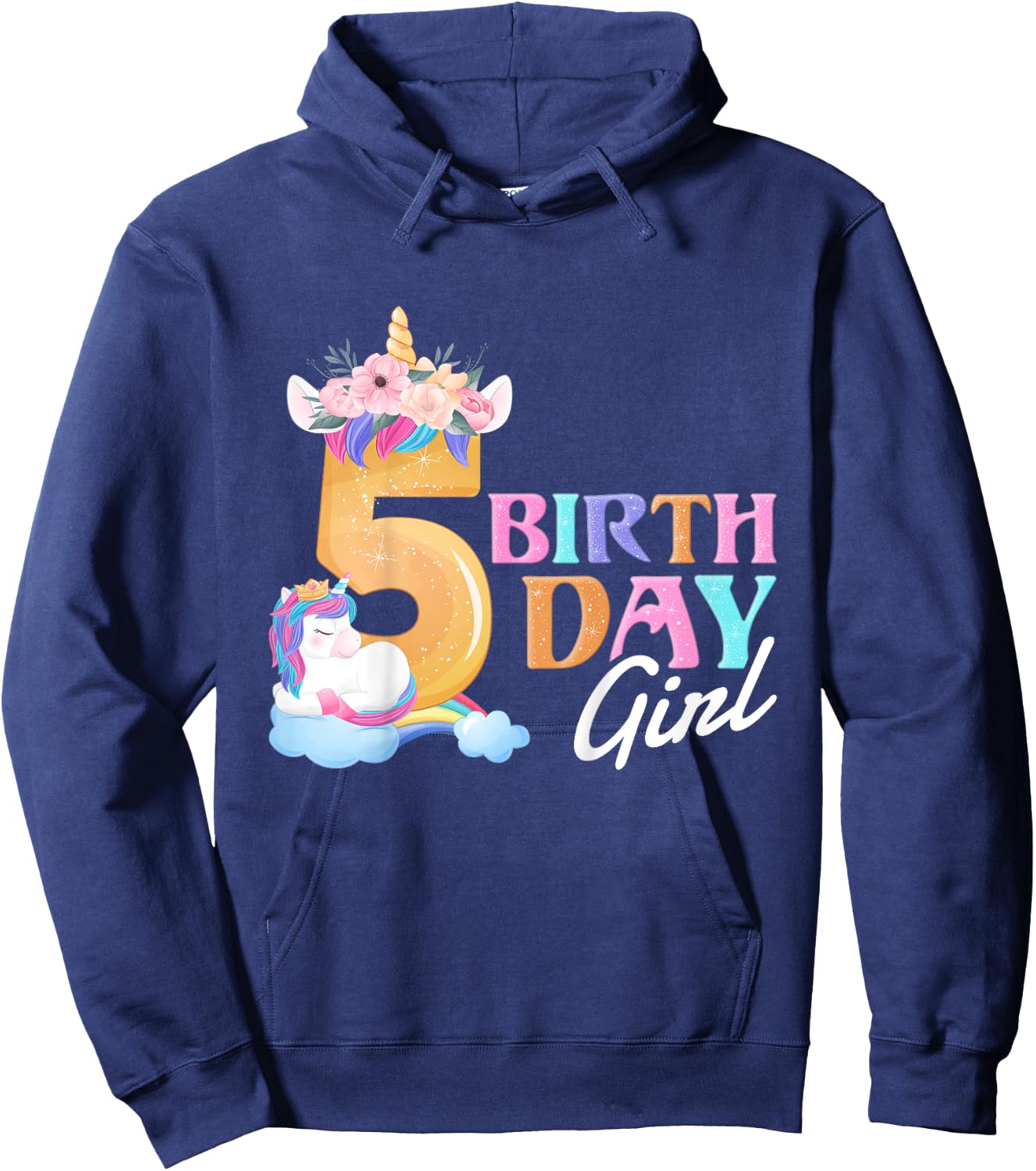 5 Year Old Birthday Girl, 5th Birthday Unicorn Hoodie - Hoodie | Navy