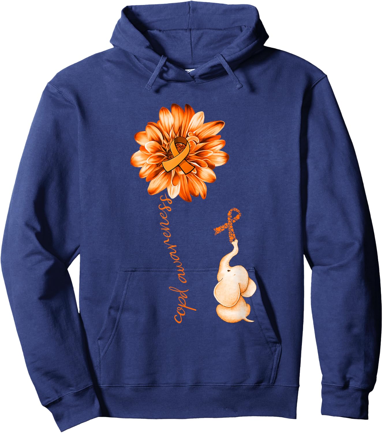 Elephant Sunflower Orange Ribbon COPD Awareness Hoodie - Hoodie | Navy