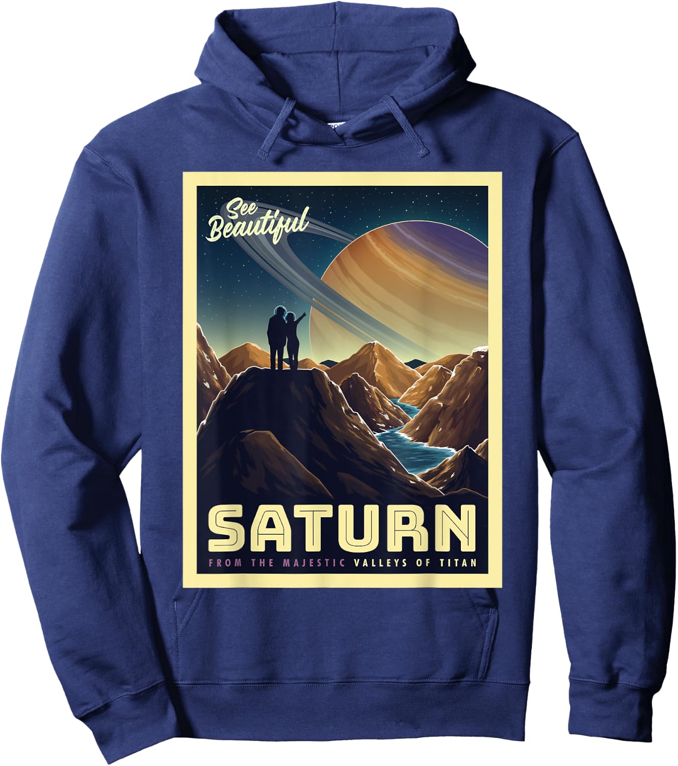Retro Space Tourism Saturn Valleys of Titan Hoodie - Hoodie | Navy