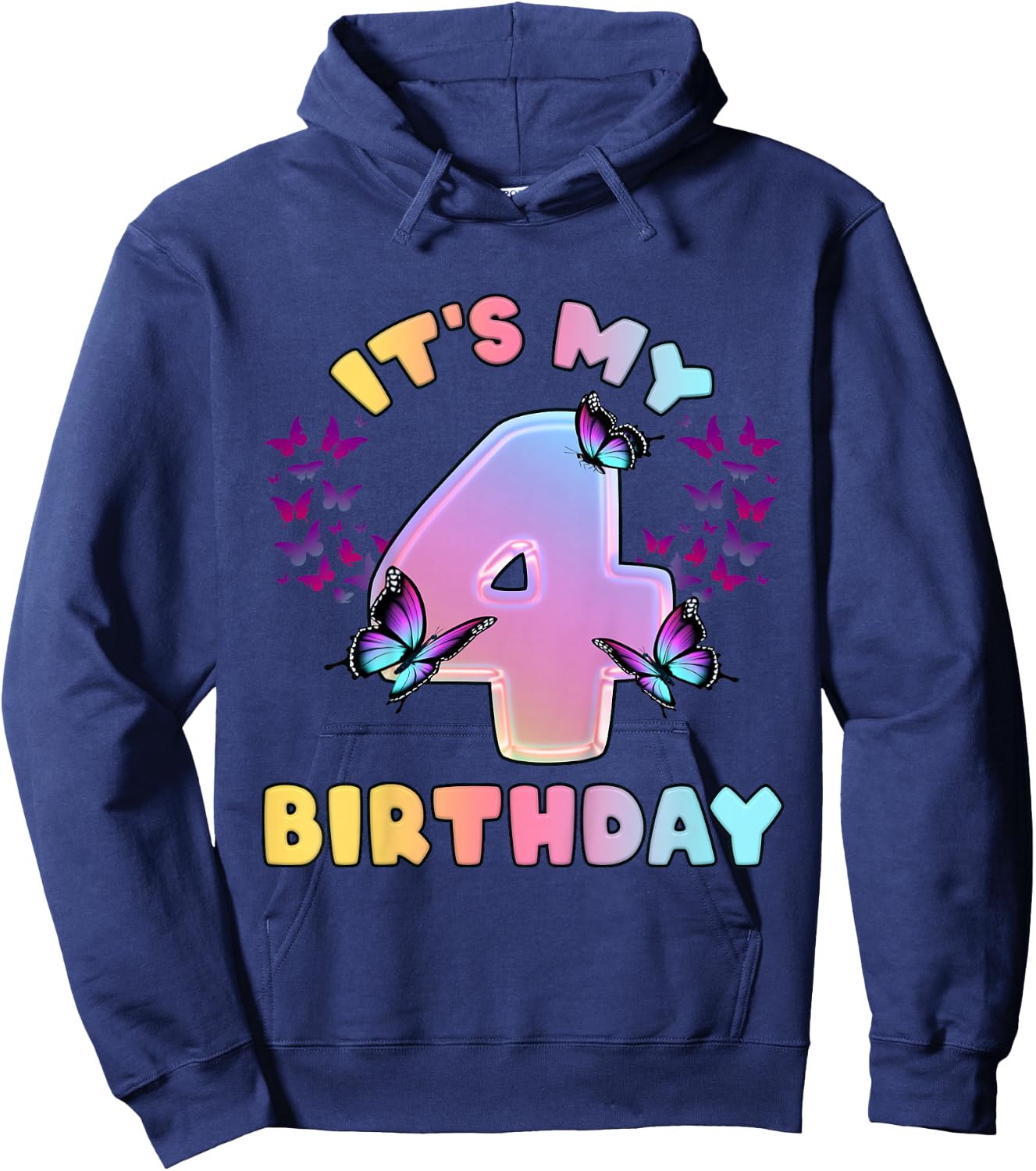 Birthday Girl 4 Years Old Butterfly Hoodie - Hoodie | Navy