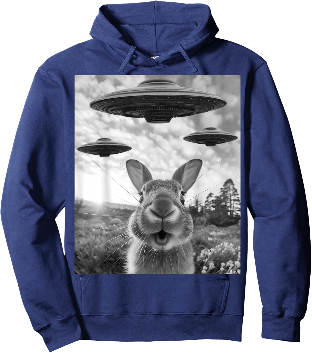 Rabbit Selfie with UFOs Vintage Alien Rabbit Hoodie - Hoodie | Navy