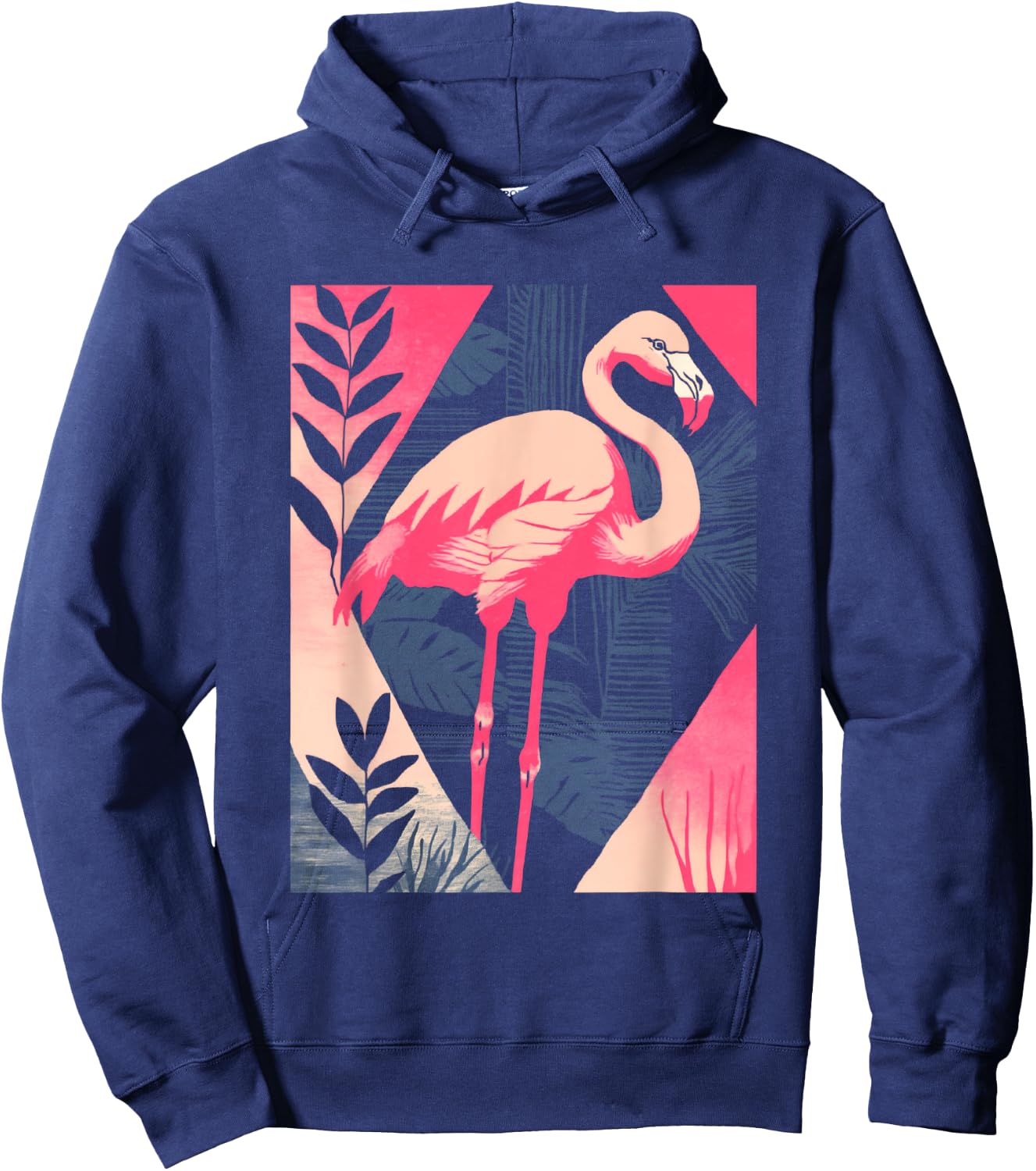 Palm Fronds Art Deco Retro Tropical Flamingo Hoodie - Hoodie | Navy