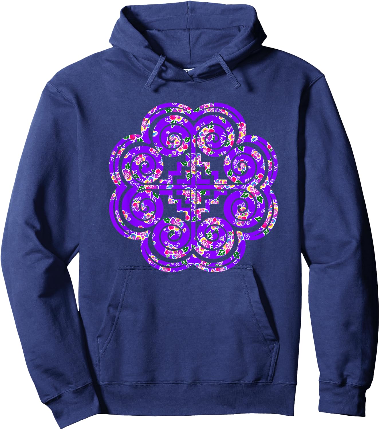 Hmong Purple Floral Elephant Foot Hoodie - Hoodie | Navy
