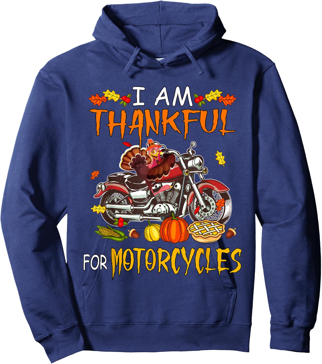 Biker Thanksgiving Costume Thankful For Motorcycles Funny Turkey Riding Motorcycle - Black, -Adults, Short Sleeve, , Thanksgiving, Halloween Hoodie - Hoodie | Navy