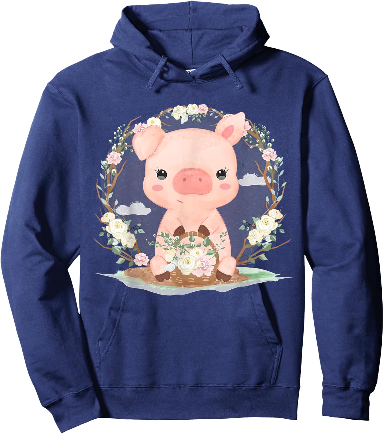 Adorable Little Pig With Flowers Hoodie - Hoodie | Navy