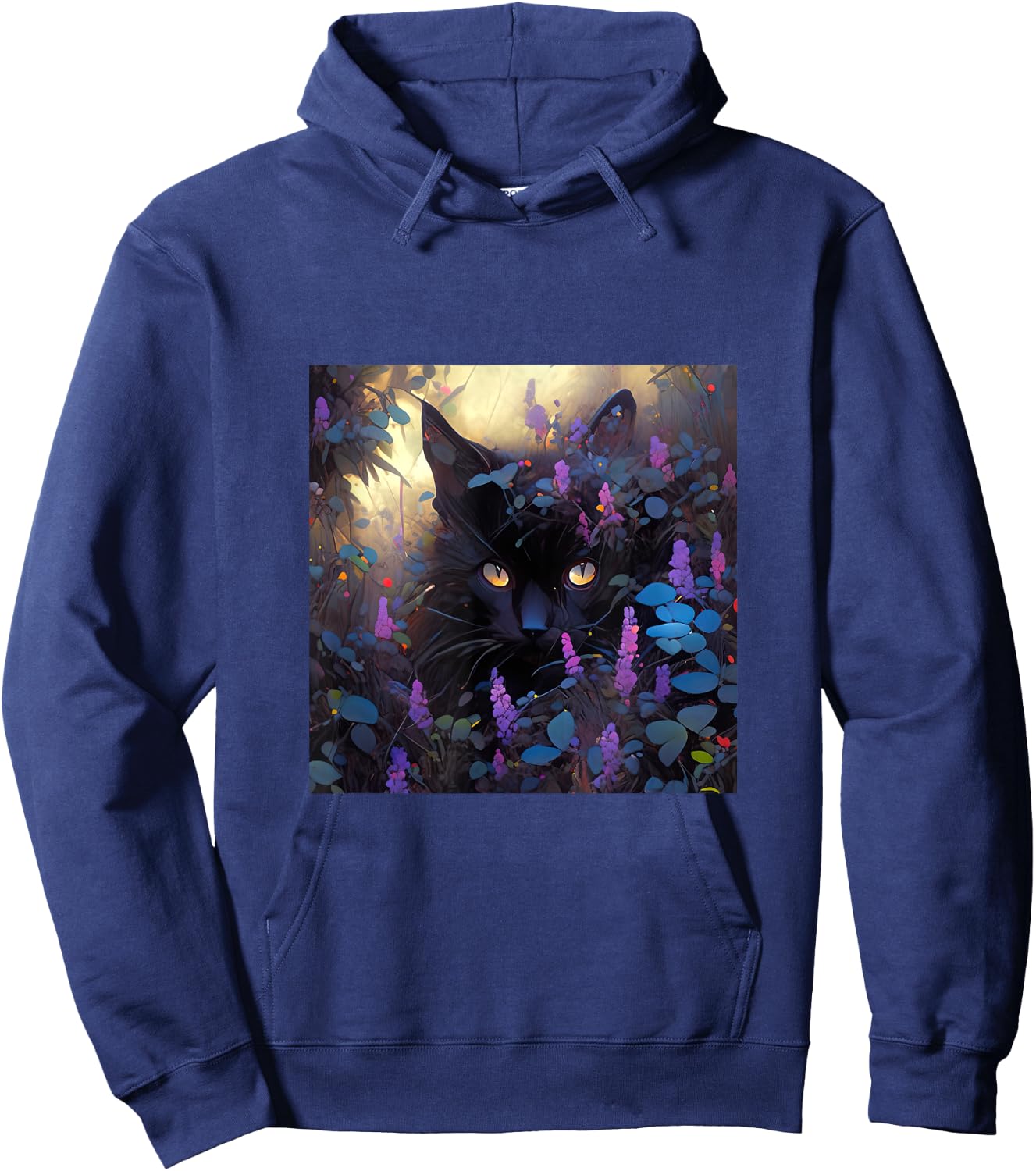 Black Adorable Cat Purple Spring Flowers Women Hoodie - Hoodie | Navy