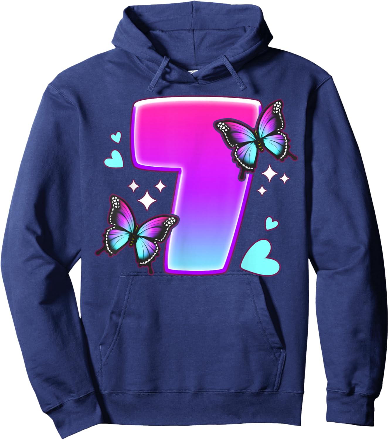 Birthday Girl 7 Years, Butterflies and Number 7 Hoodie - Hoodie | Navy
