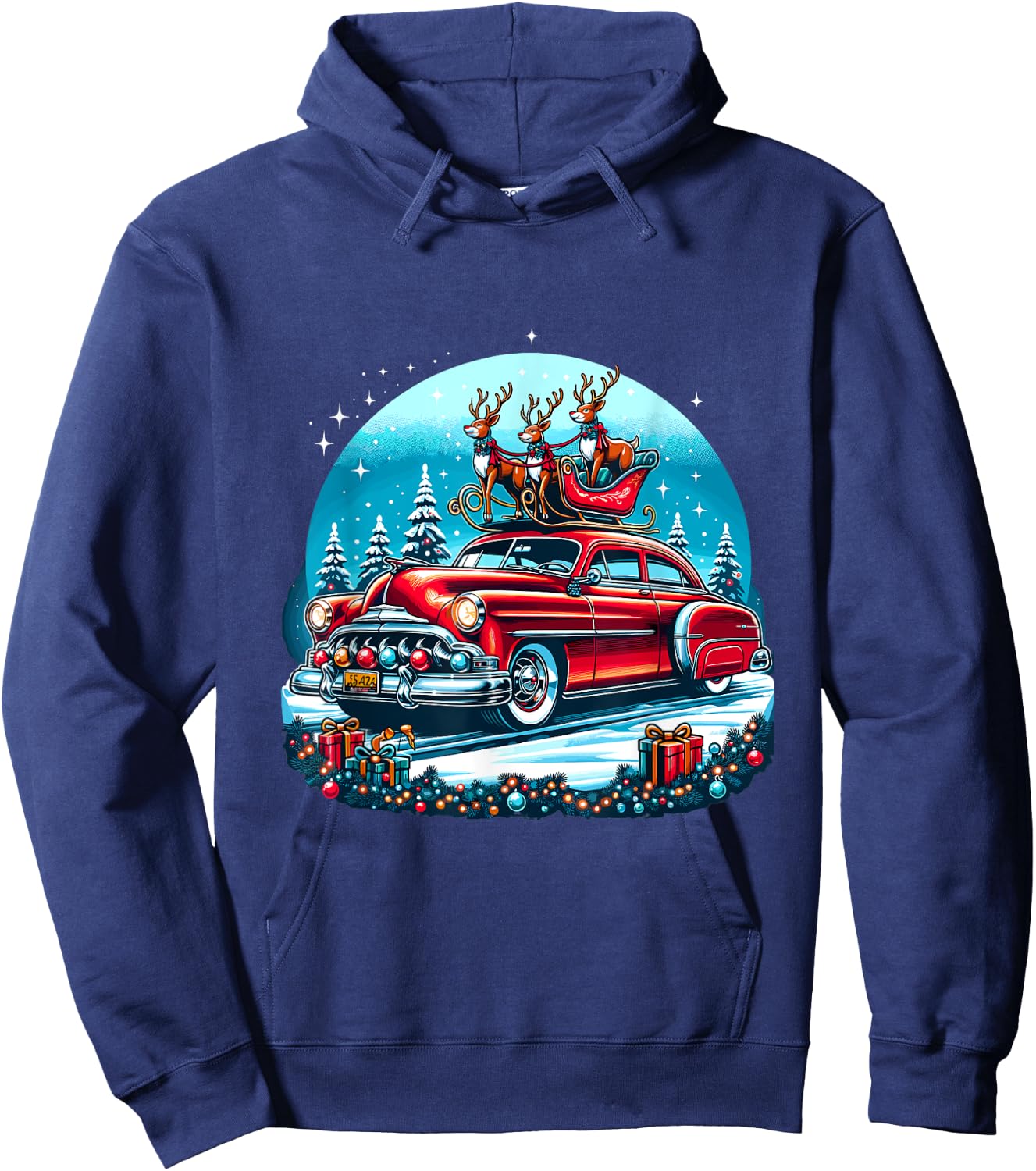 Holiday Roadtrip - Classic Car Christmas Tree Hoodie - Hoodie | Navy