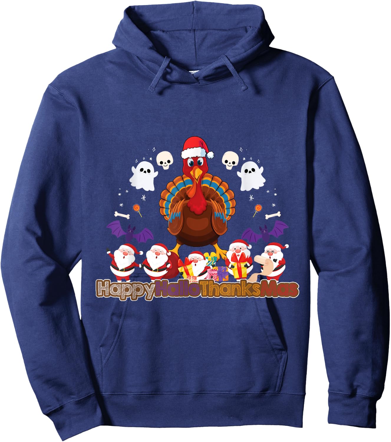 Funny HalloThanksMas Turkey Santa Holiday Hoodie - Hoodie | Navy