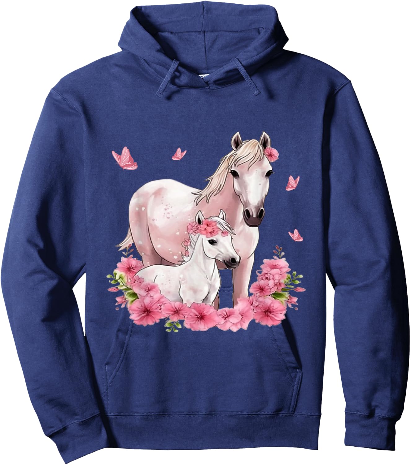 Horse with Foal - Flowers and Butterflies Hoodie - Hoodie | Navy