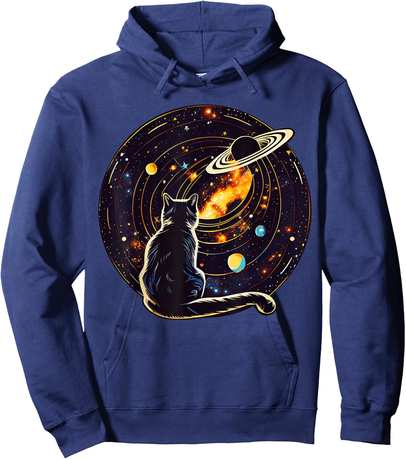 Cat Dad, Lover : Cat Staring at Planet Saturn Hoodie - Hoodie | Navy