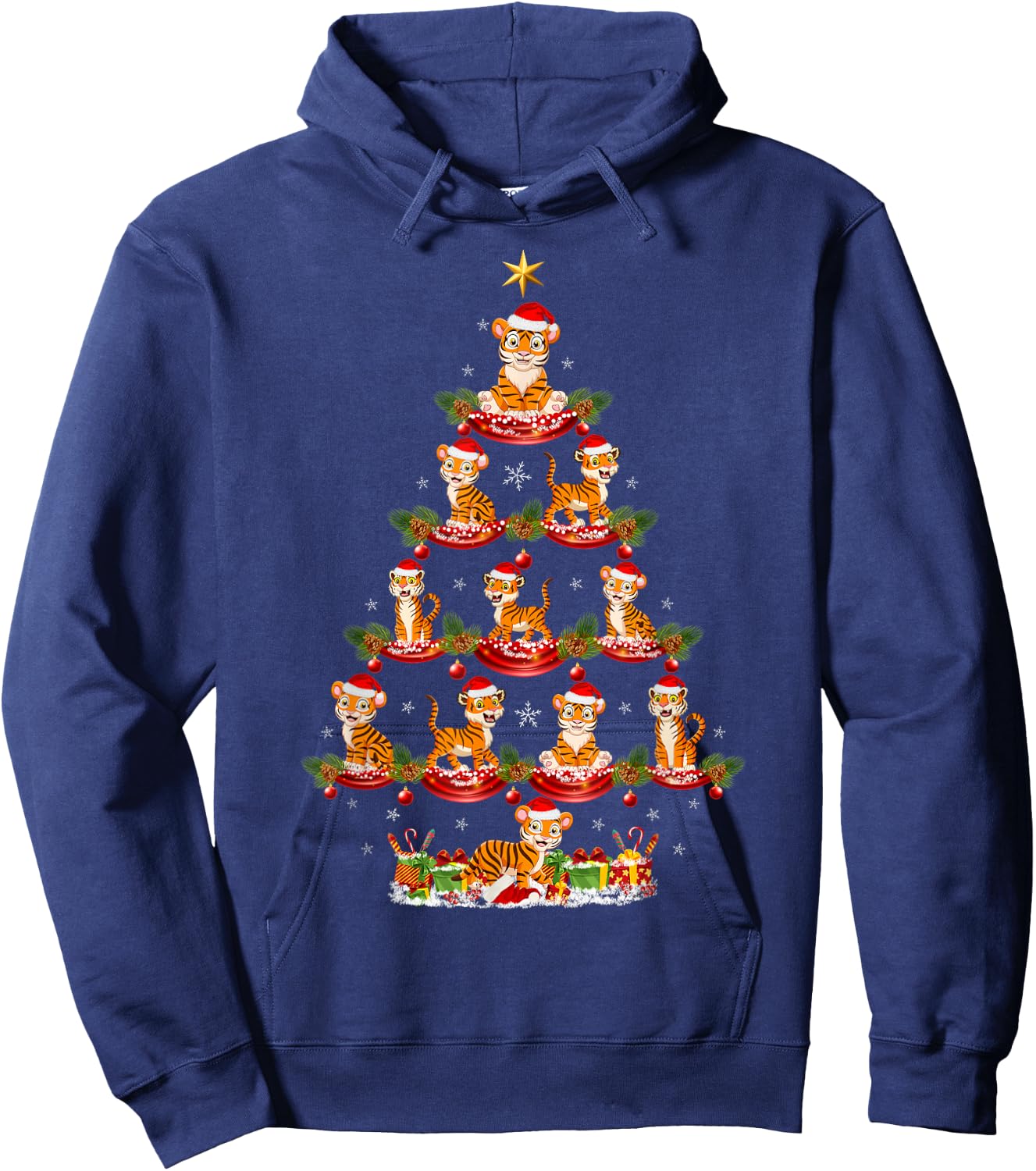 Tiger Xmas Lighting Santa Tiger Christmas Tree Hoodie - Hoodie | Navy