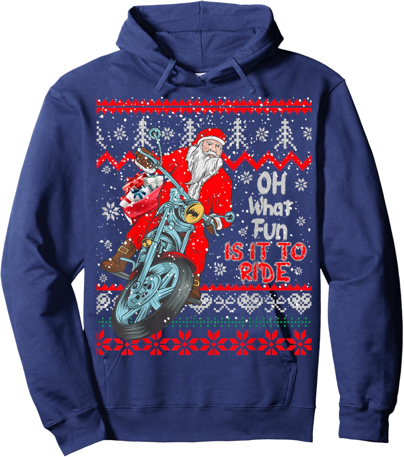 "Biker Santa" Motorcycle Ugly Christmas Sweater Hoodie - Hoodie | Navy