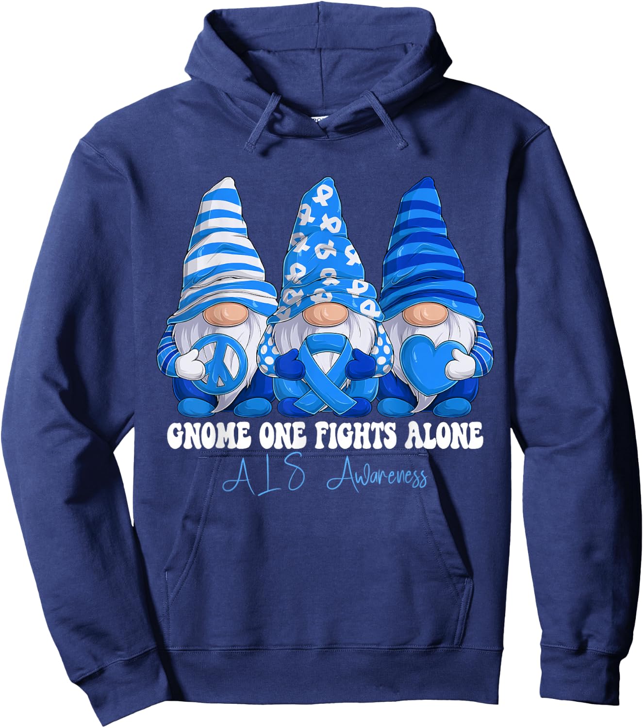 ALS Awareness Month Blue Ribbon Gnomies Support Hoodie - Hoodie | Navy
