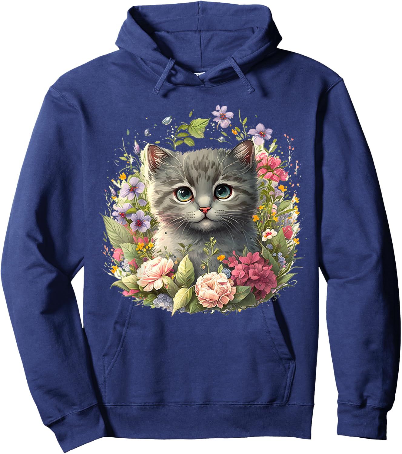 Adorable Cat, Cute Kitten Floral Hoodie - Hoodie | Navy