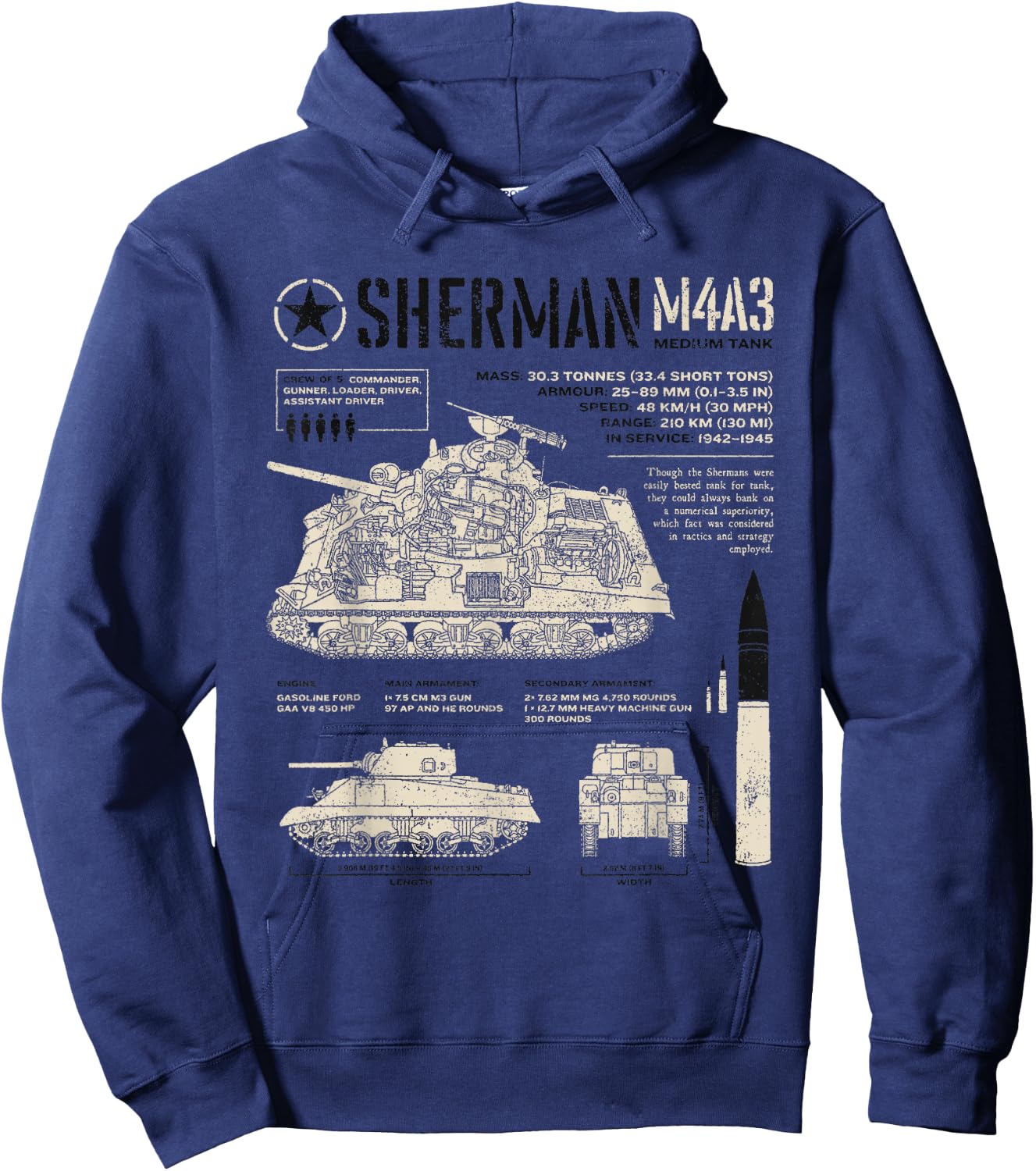 Sherman Tank World War 2 Blueprint Hoodie - Hoodie | Navy