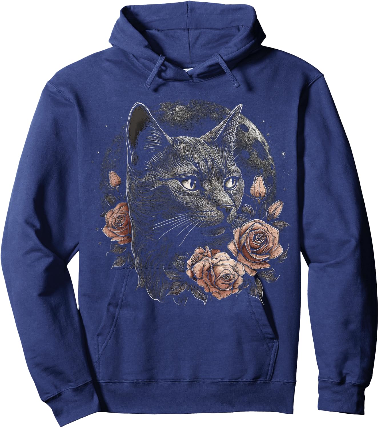 Cat Flower Moon Artwork | Animal Motif Cat Hoodie - Hoodie | Navy