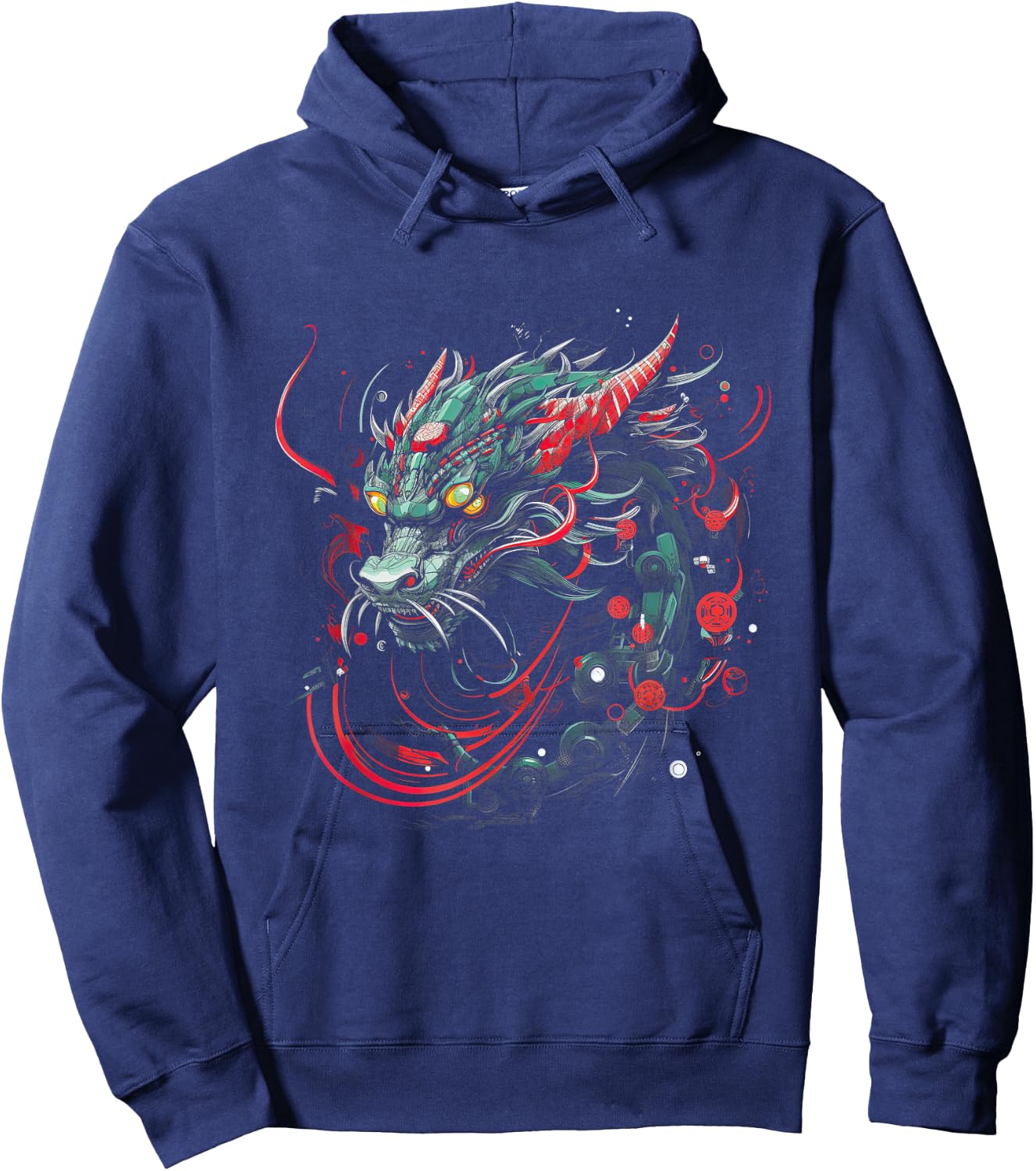 Dragon Asia Mythology Futuristic Japanese Cyberpunk Japan Art Cyber - Women's -Adults Black Short Sleeve Classic Fit Collarless - Small Hoodie - Hoodie | Navy