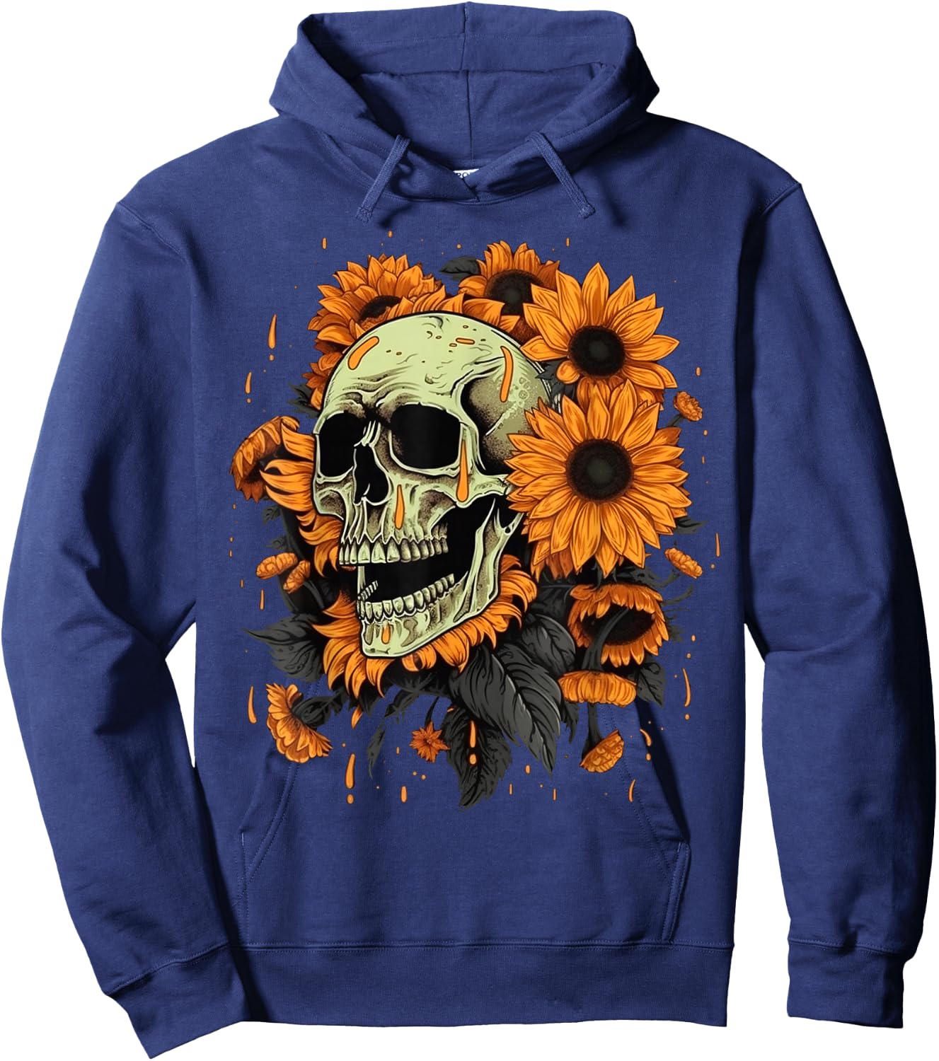 Skull Flowers on Rocker Sunflower Sugar Skull Hoodie - Hoodie | Navy
