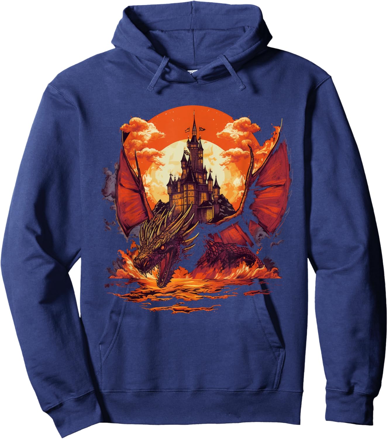 Fire Dragon Fantasy Scene With Castle Hoodie - Hoodie | Navy