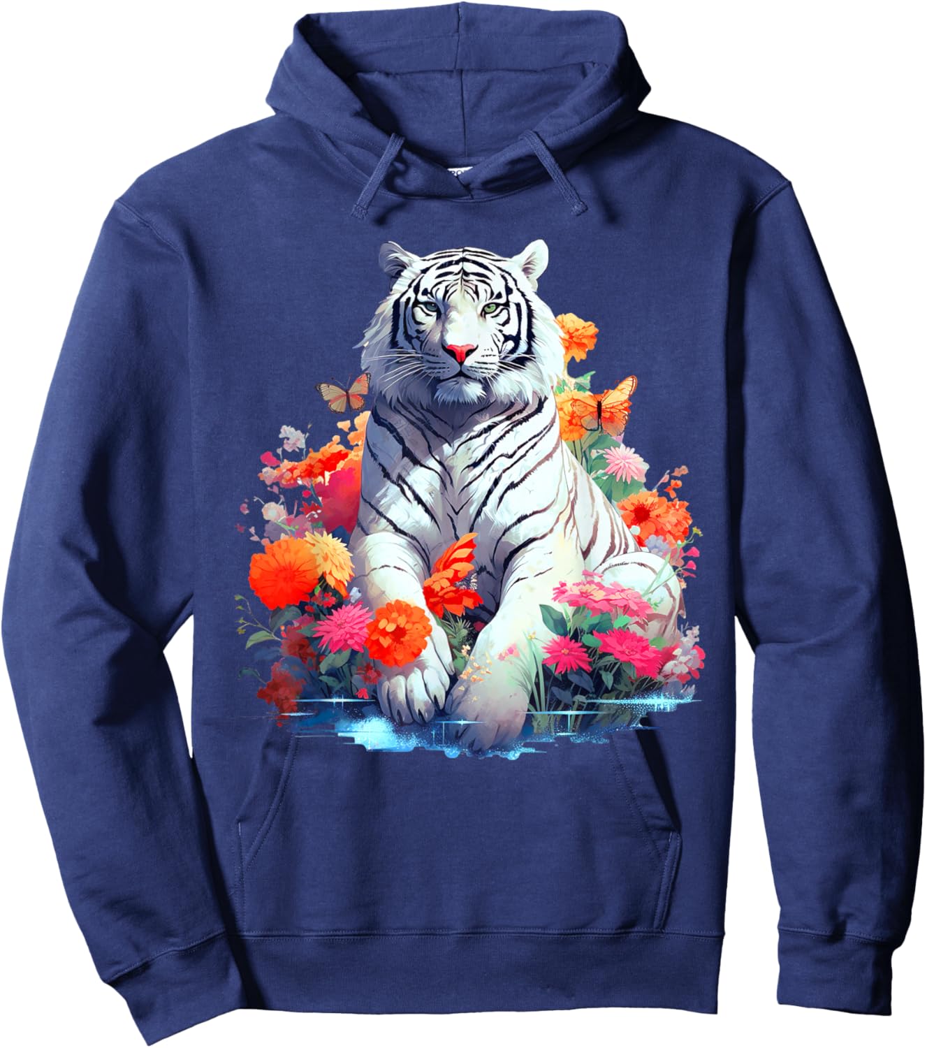 Tiger in White - Flower Art - Animal Art Tiger Hoodie - Hoodie | Navy