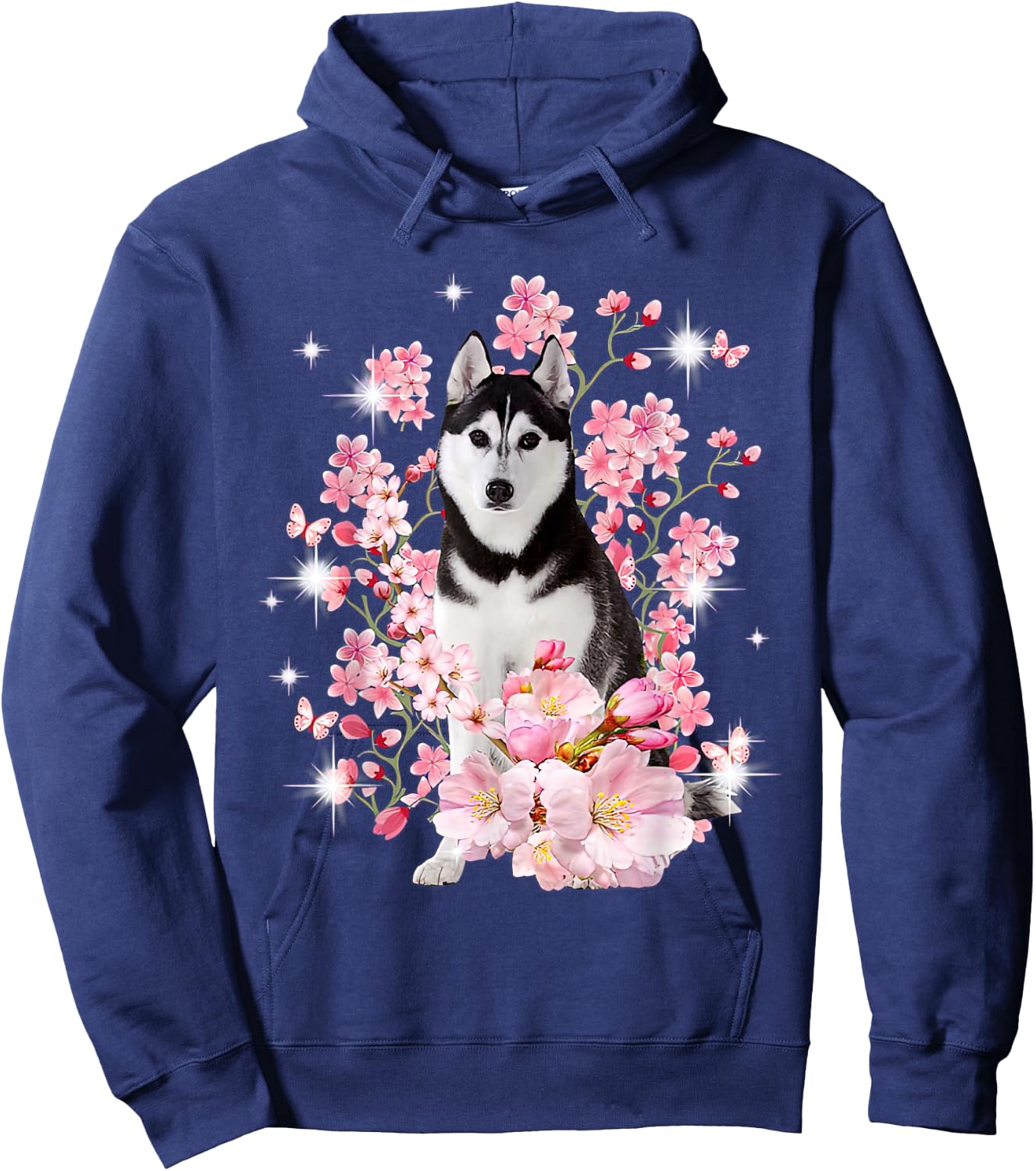 Husky Dog Japanese Cherry Blossom Sakura Flower Hoodie - Hoodie | Navy