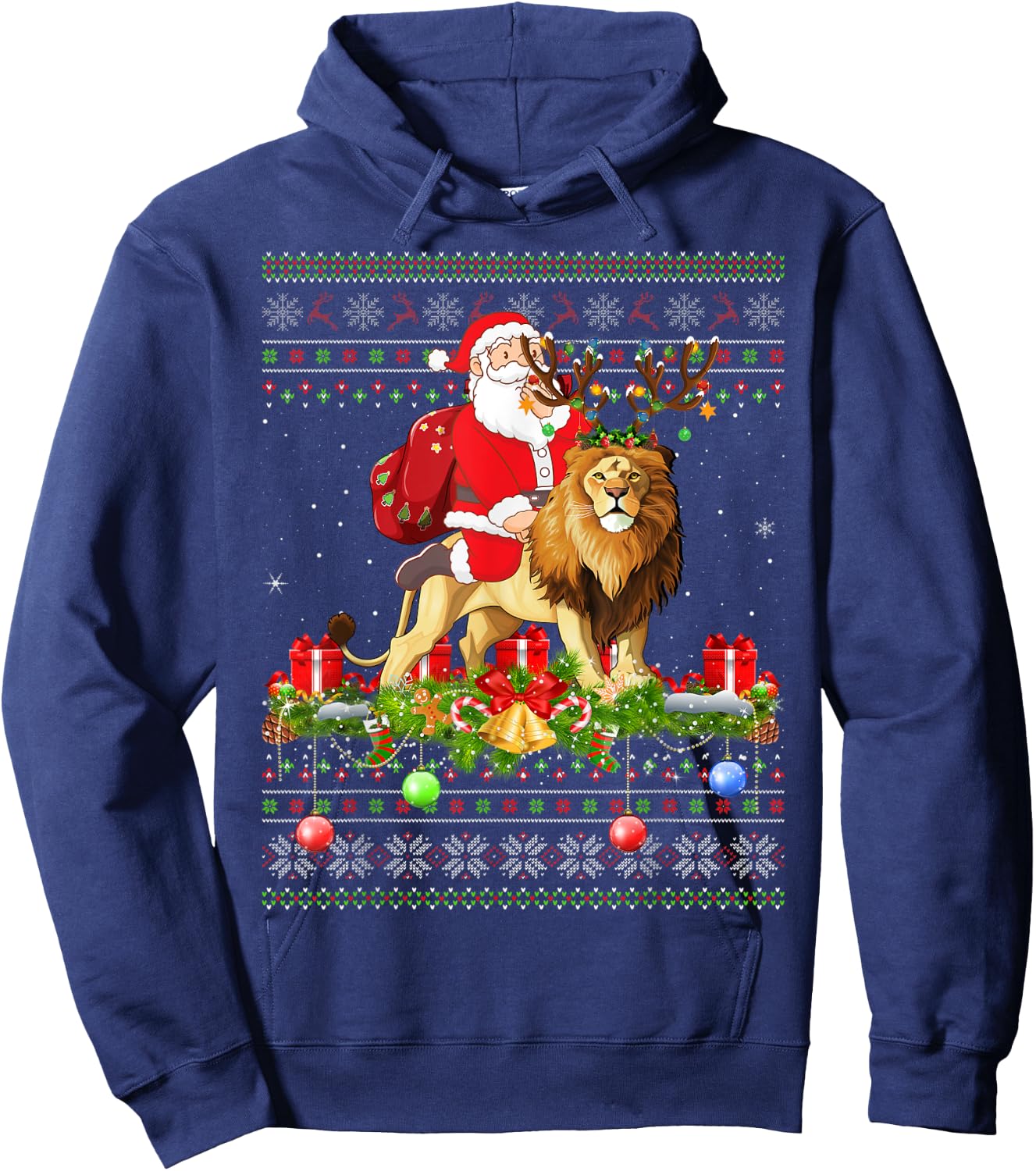 Lion Lover Ugly Santa Riding Lion Christmas Hoodie - Hoodie | Navy