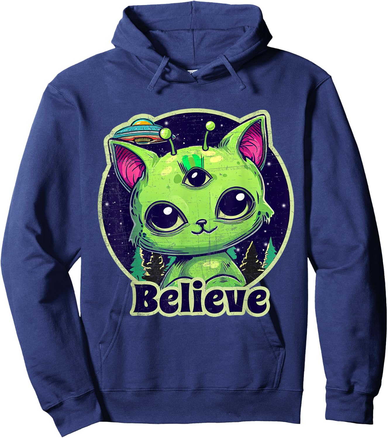 Cute Alien Cat Belive in UFO Kawaii Hoodie - Hoodie | Navy
