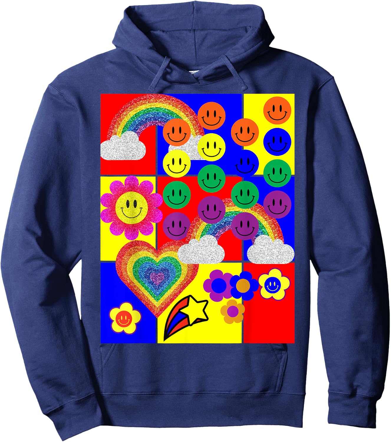 Kidcore Flower Heart Faces Hoodie - Hoodie | Navy