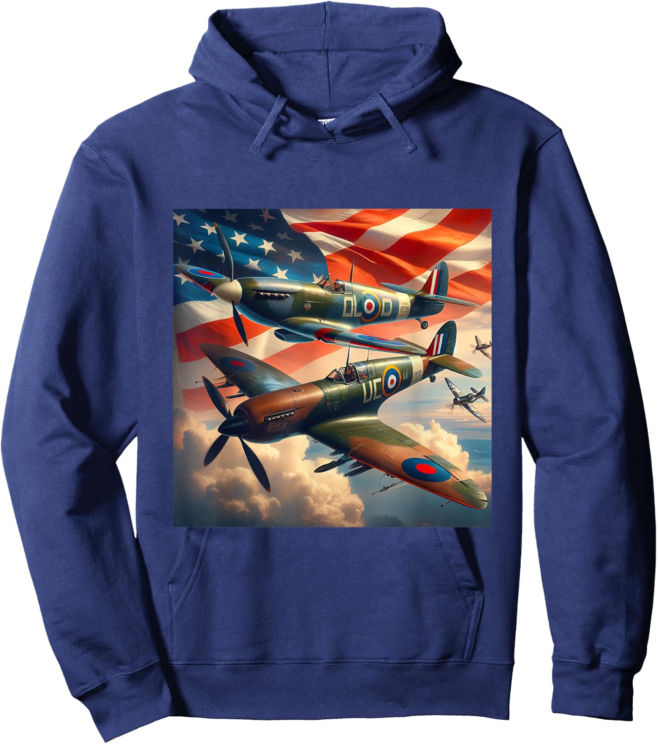 Spitfire F4U Corsair WW2 Airplanes US Flag Hoodie - Hoodie | Navy