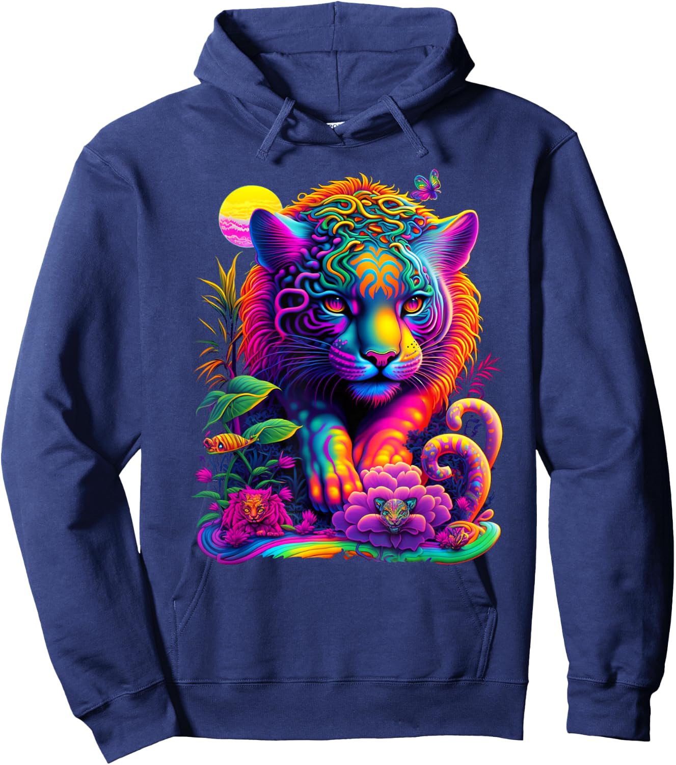 Colorful Rainbow Wild Cat Graphic Hoodie - Hoodie | Navy