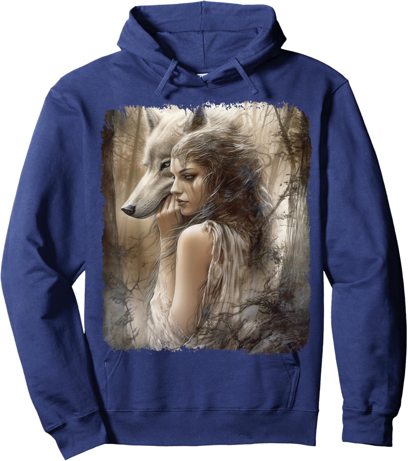 Woman and Grey Wolf in Forest Fantasy Hoodie - Hoodie | Navy