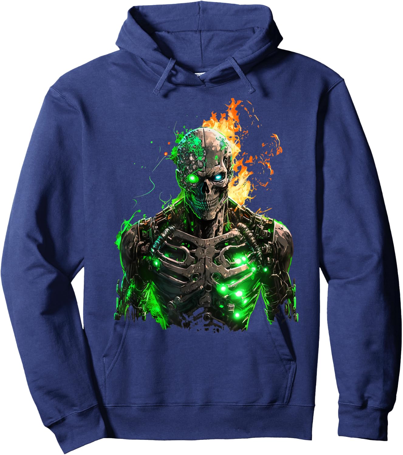 Flaming Skeleton Cyborg Graphic Hoodie - Hoodie | Navy