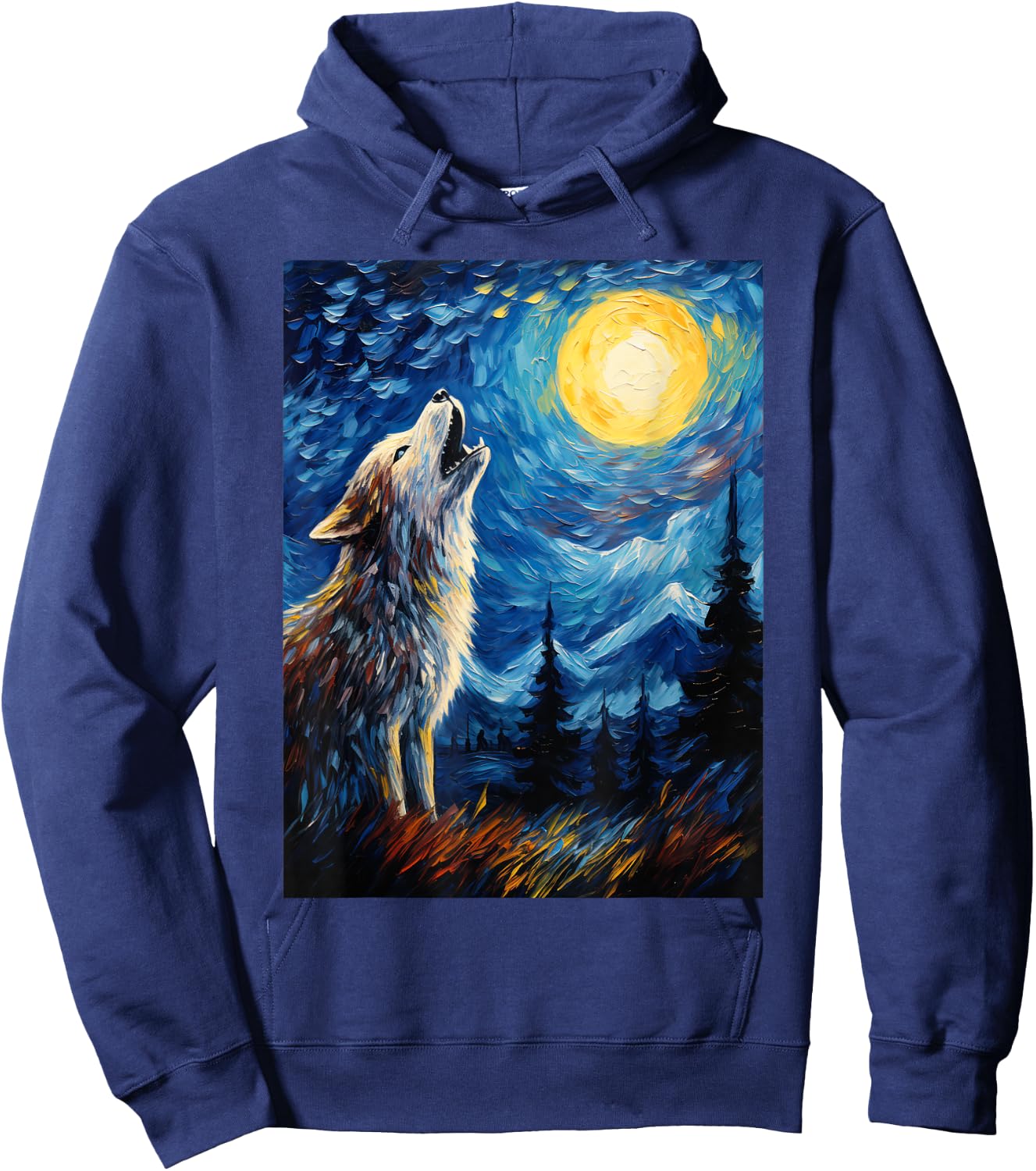 Wolf Starry Night Van Gogh Style Moon Hoodie - Hoodie | Navy