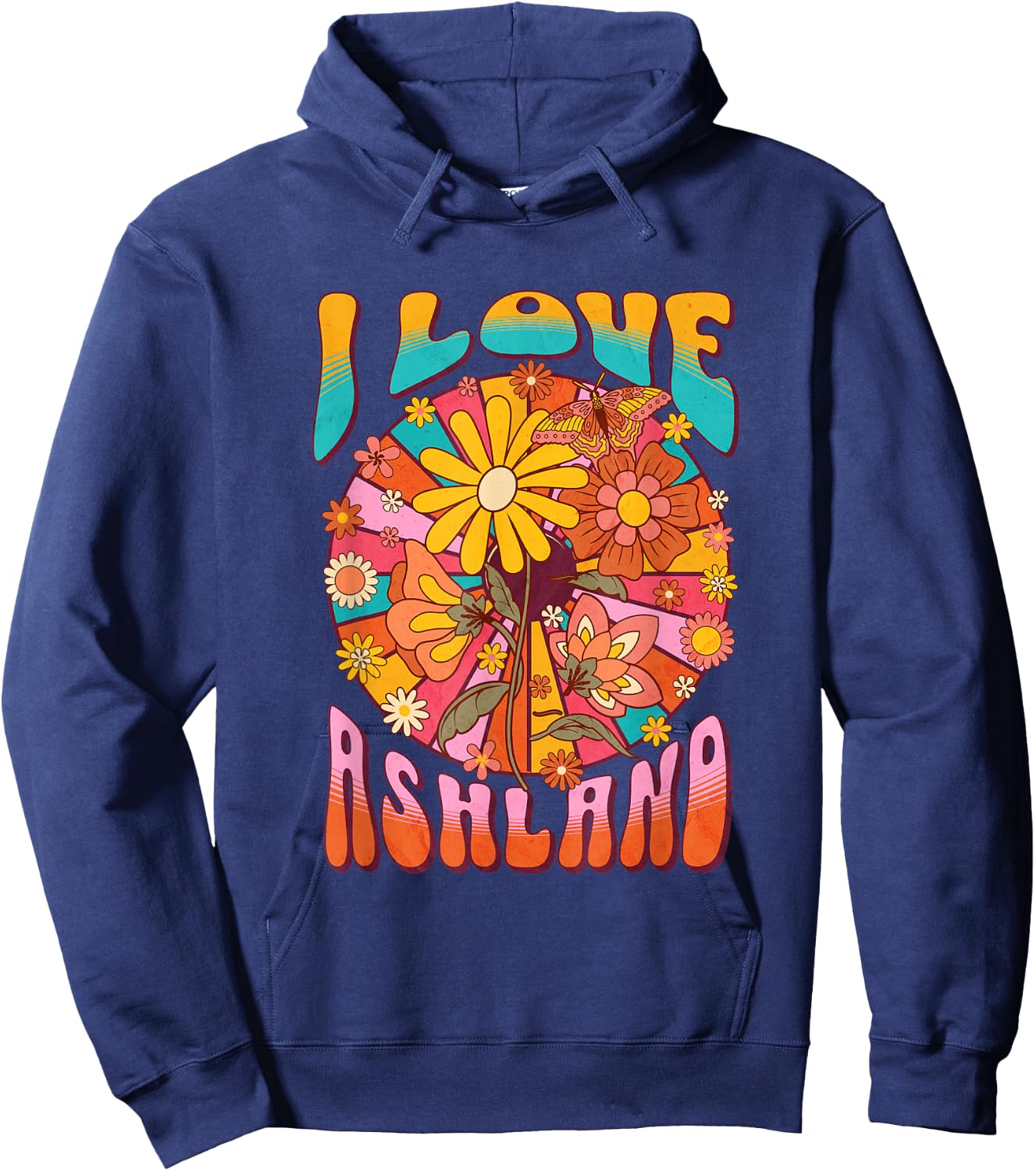 Ashland, Oregon Retro 60s Style Graphic Hippie Hoodie - Hoodie | Navy