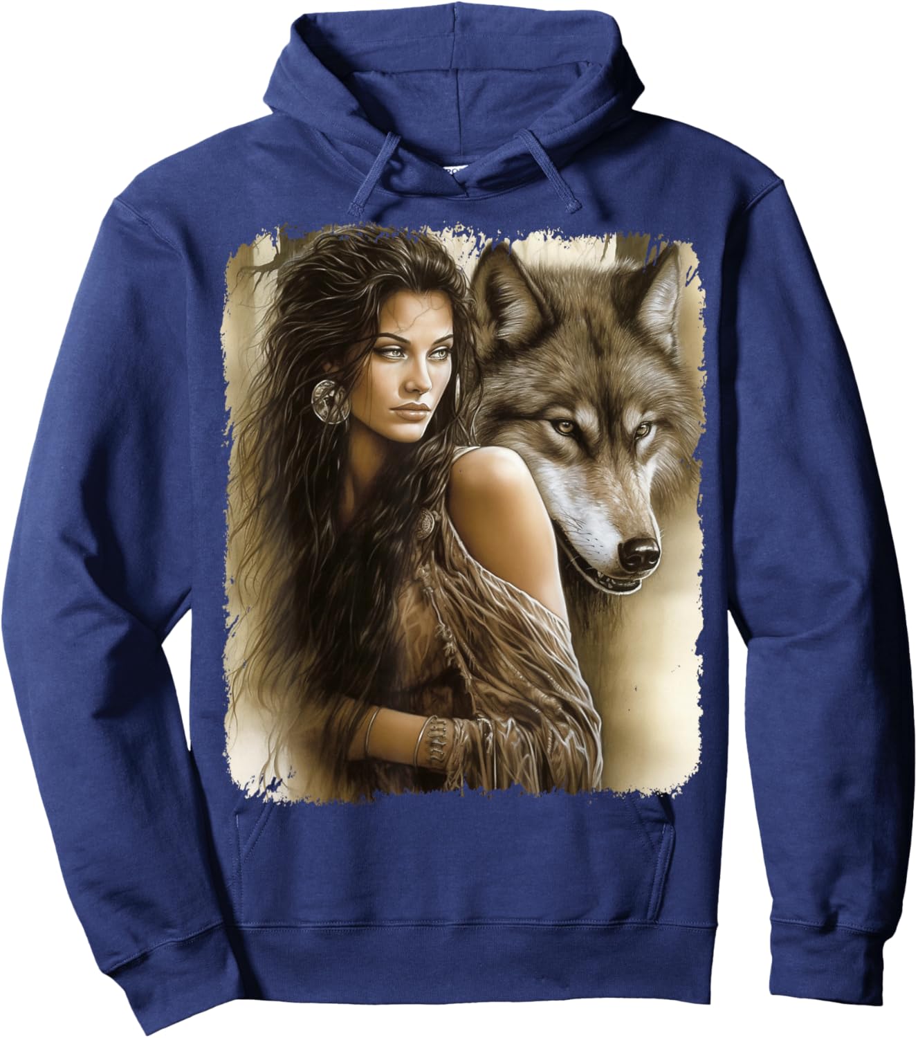 Woman and Grey Wolf Fantasy Hoodie - Hoodie | Navy