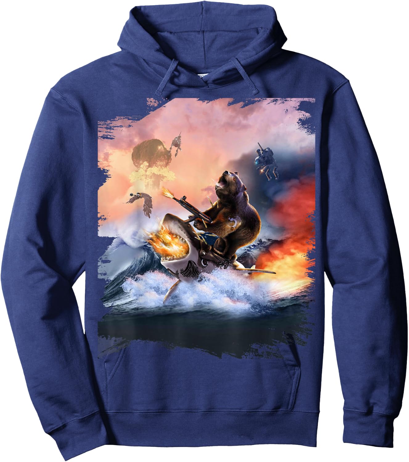 Bear Riding Shark Funny Hoodie - Hoodie | Navy