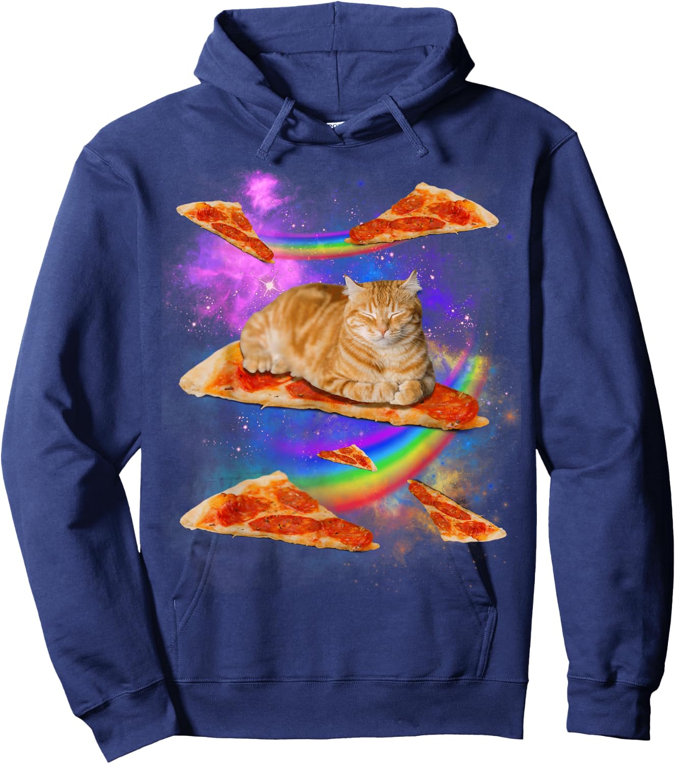 Funny Galaxy Cat in Space, Cat Riding Pizza Hoodie - Hoodie | Navy