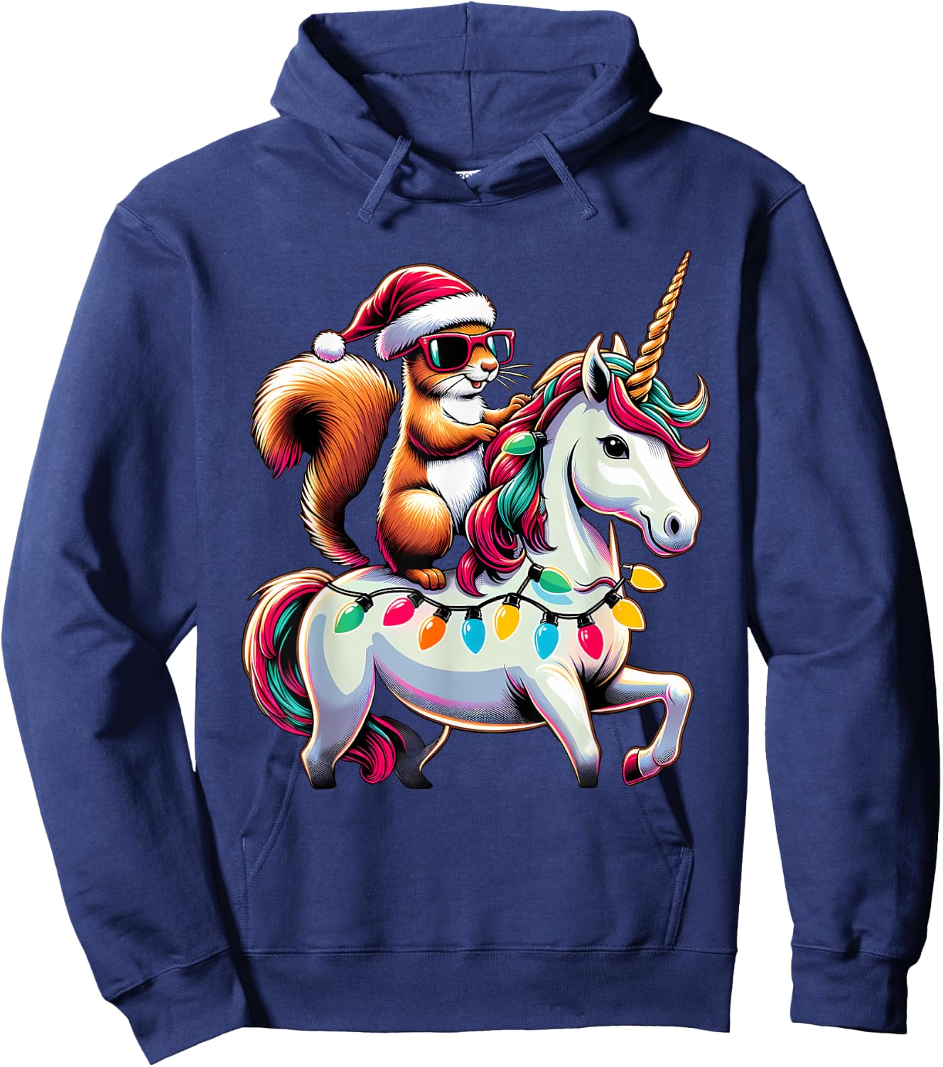 Christmas Lights Squirrel Riding Unicorn Hoodie - Hoodie | Navy