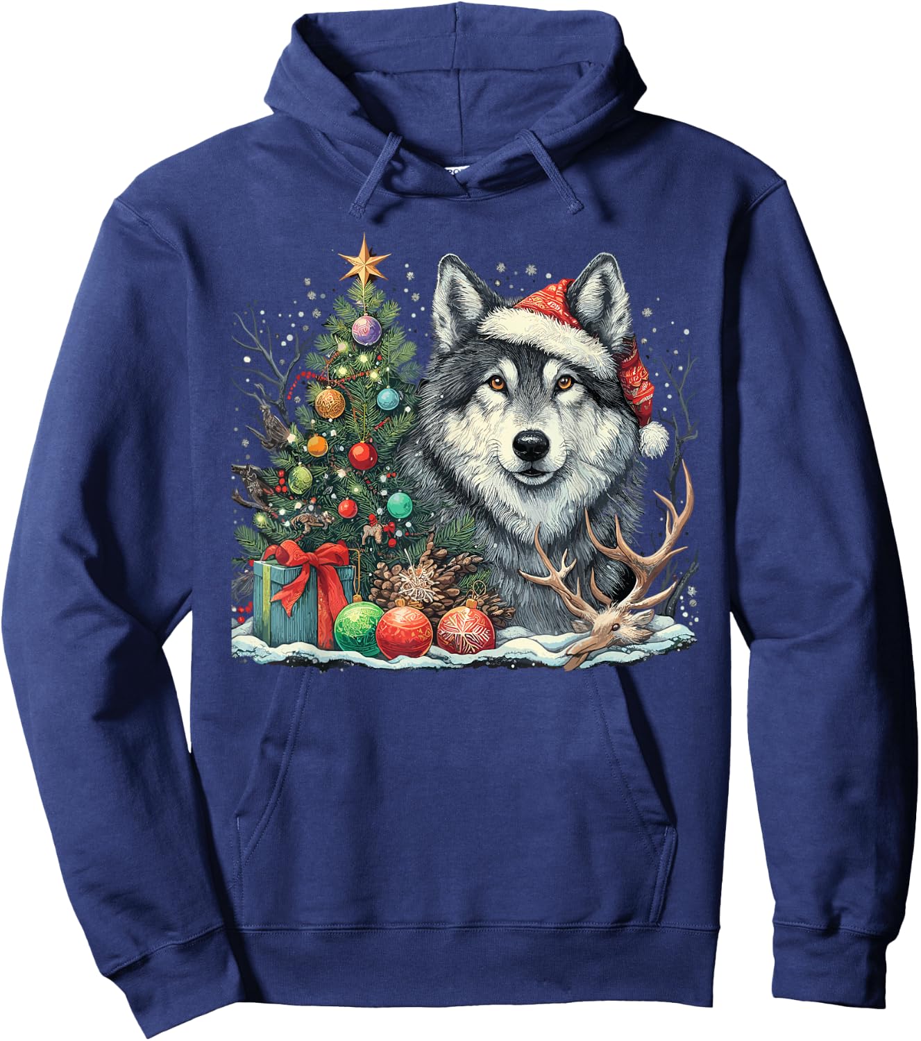 Cute Wolf With Christmas tree Wearing Santa Hat Hoodie - Hoodie | Navy