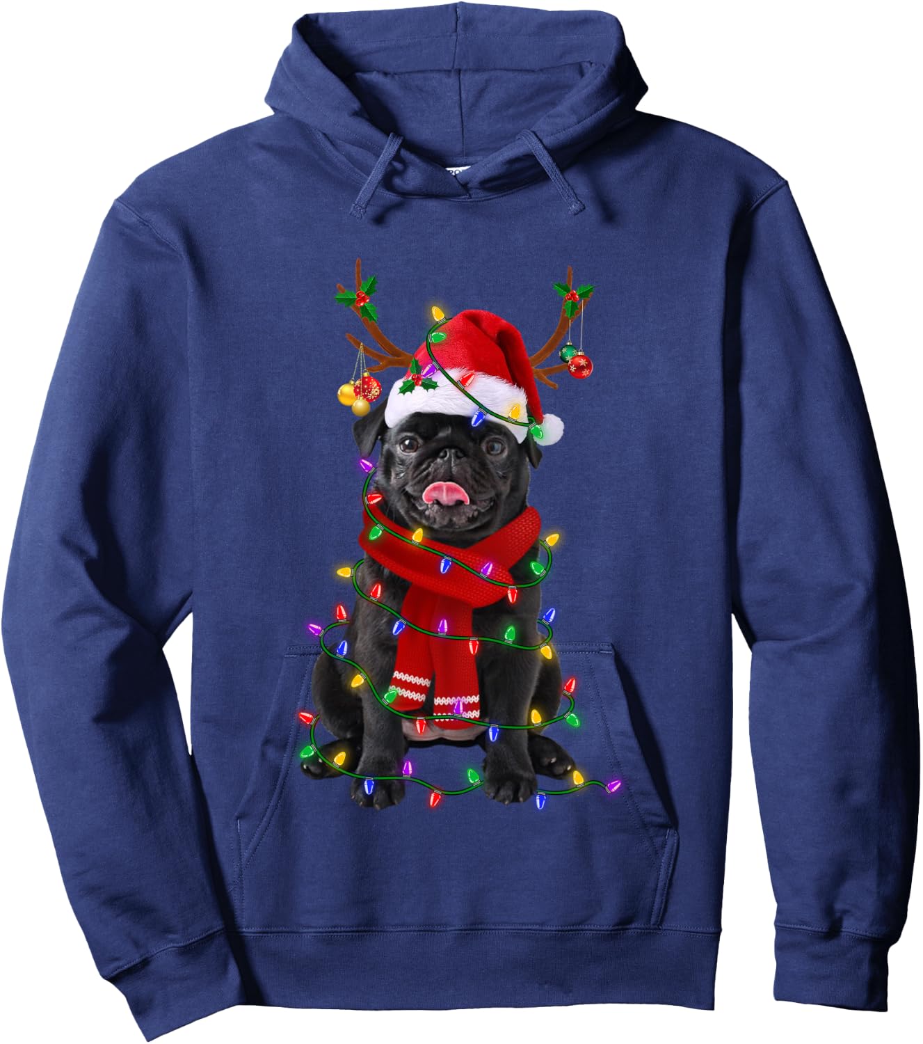 Black Pug Dog Tree Christmas Lights Xmas Pajama Hoodie - Hoodie | Navy
