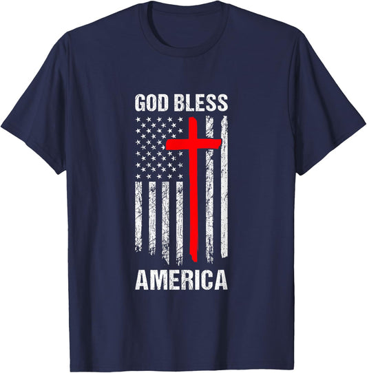God Bless America Fourth of July Christian Patriot USA Flag Women Kids Men T-Shirt - T-Shirt | Navy