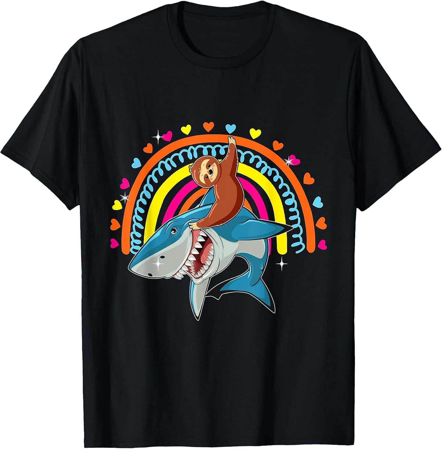 Sloth Riding Shark Funny Zoo Animal Rainbow Hearts Lover